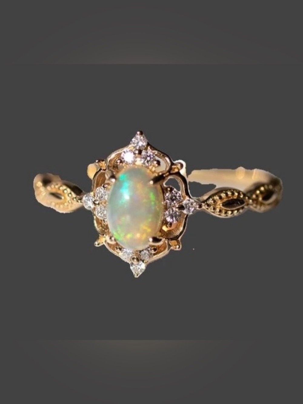 925 Sterling Silver Natural 6x4mm
Opal Size 8 Ring 18k Yellow Gold-
Plate